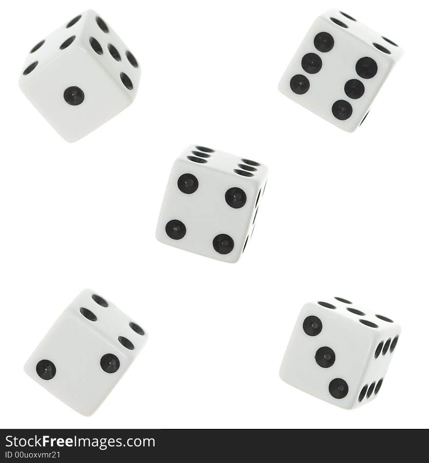 Five osolated dices over white background