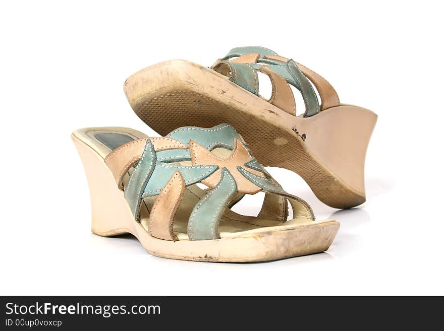 Fashionable old blue sandals on a high heel. Fashionable old blue sandals on a high heel