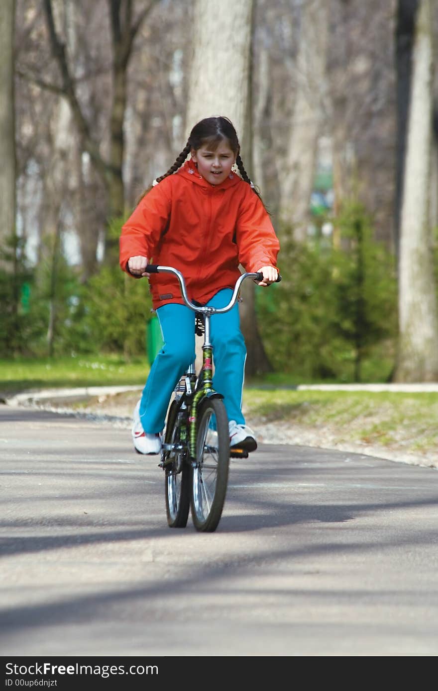 The girl-teenager in a red jacket goes on park on a bicycle. The girl-teenager in a red jacket goes on park on a bicycle