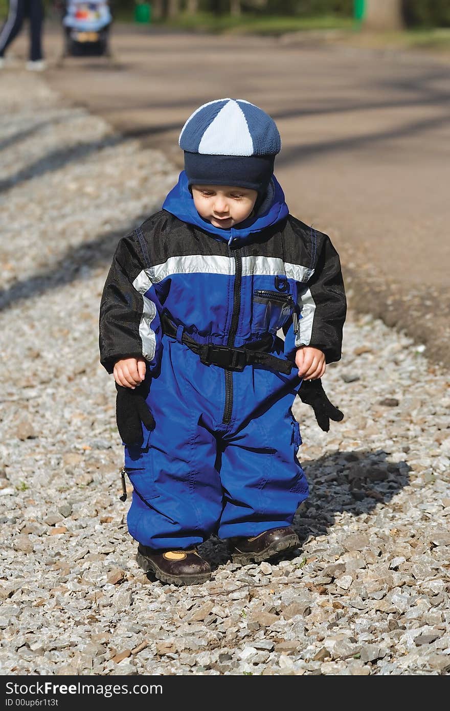 The little boy in a dark blue jacket and blue take walks in a fur-tree wood. The little boy in a dark blue jacket and blue take walks in a fur-tree wood