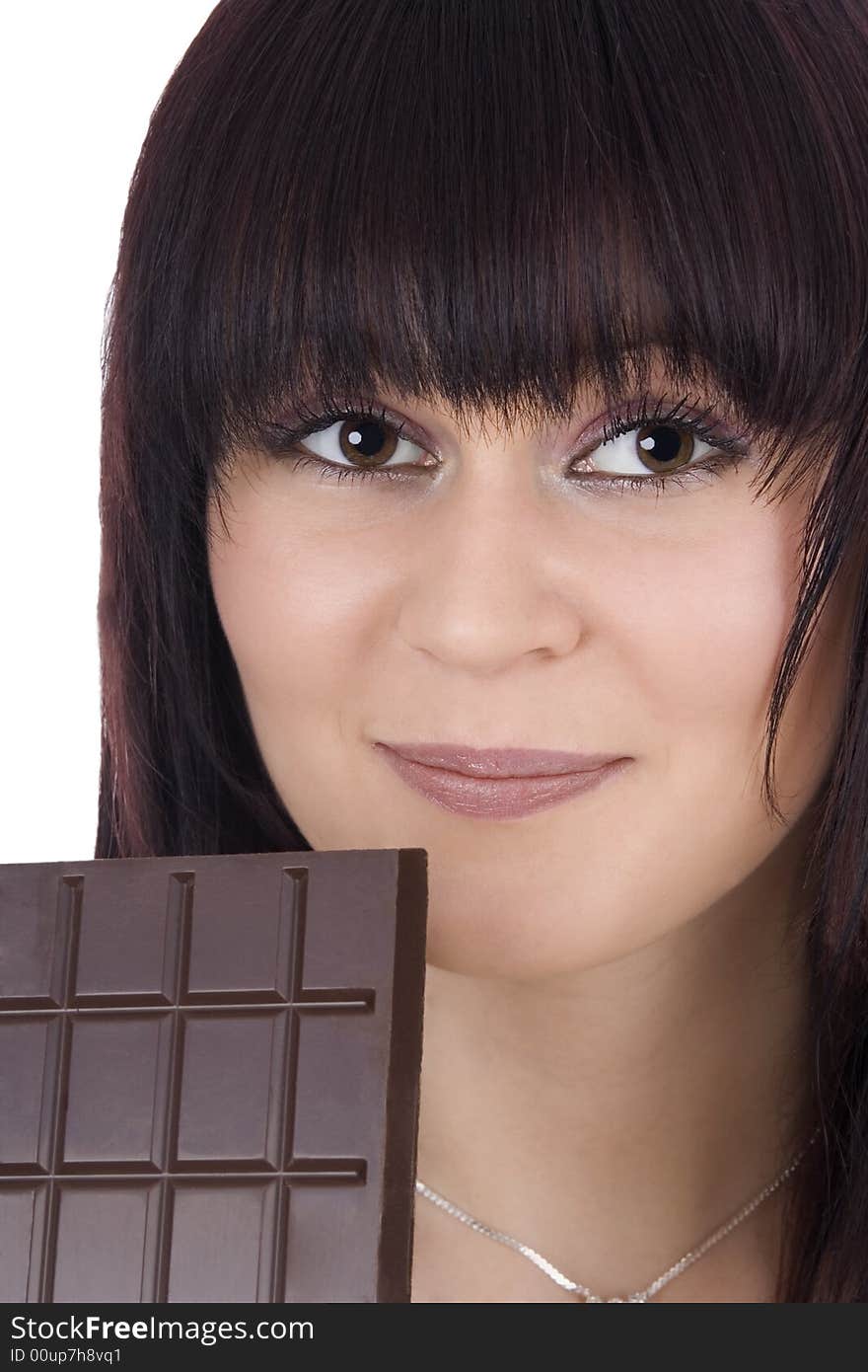 Woman with a chocolate against a white background