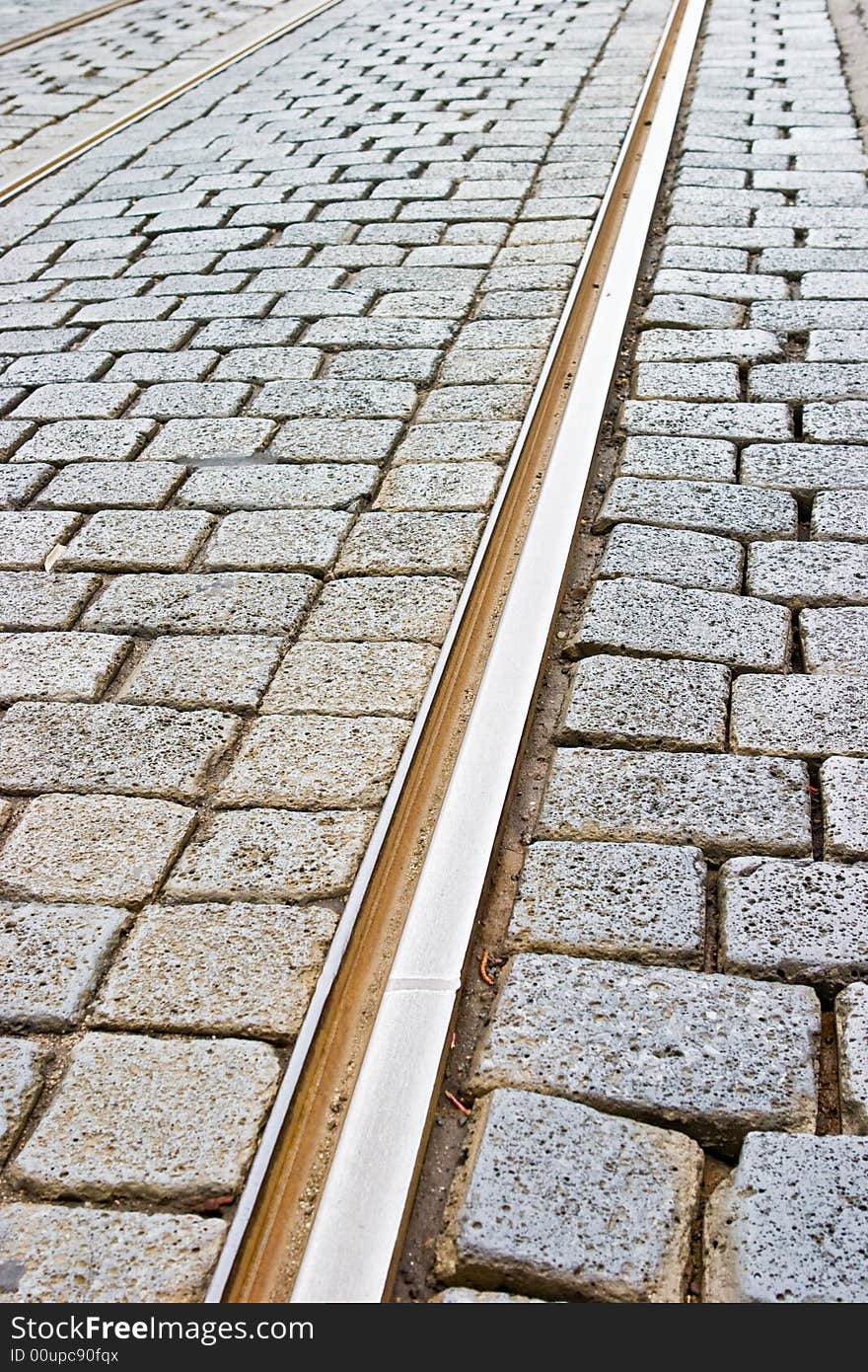 Tram tracks in a cobbled street