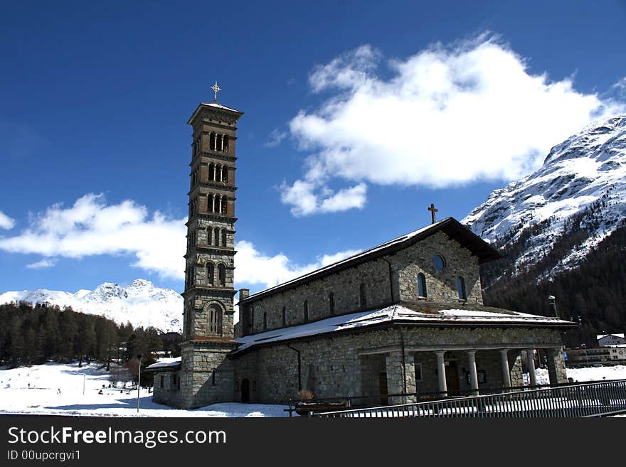 A romanic church in sankt moritz in the swiss alps. A romanic church in sankt moritz in the swiss alps