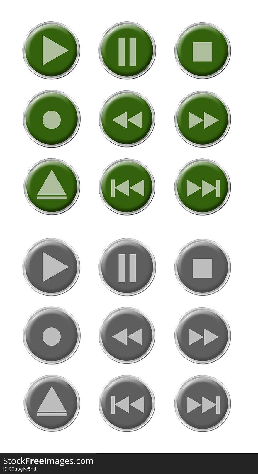 Set of nine green buttons with nine grey pressed buttons. Set of nine green buttons with nine grey pressed buttons