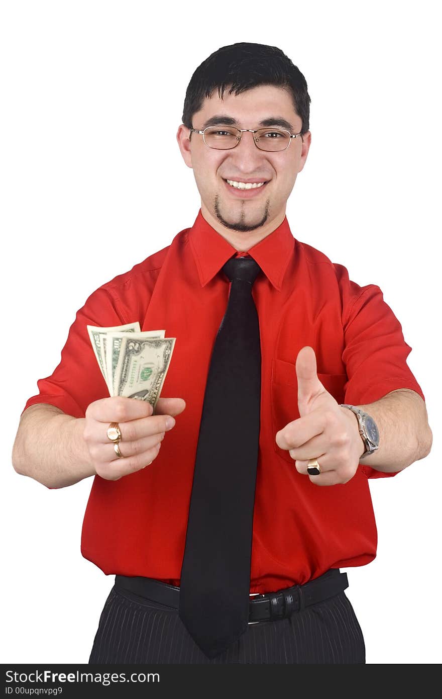 Businessman holding money isolated on white background