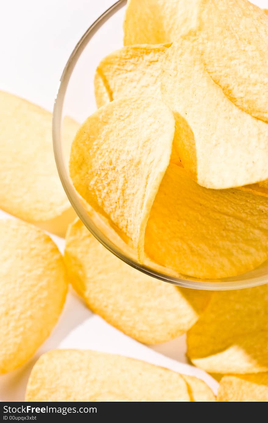 Food series: golden potato chips on the bowl