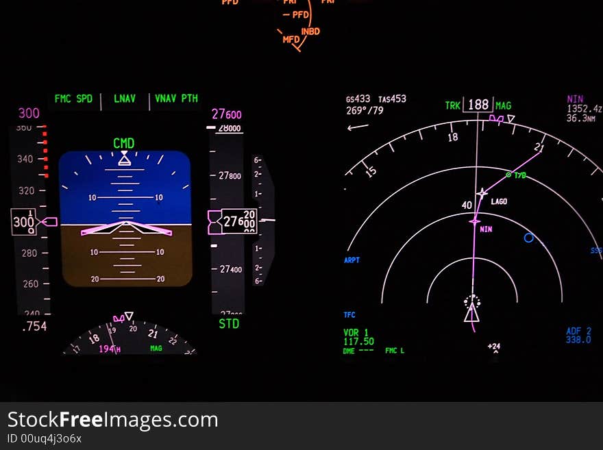 Modern aircraft instrument in night function, this advanced indicator was called glass cokpit. Modern aircraft instrument in night function, this advanced indicator was called glass cokpit.