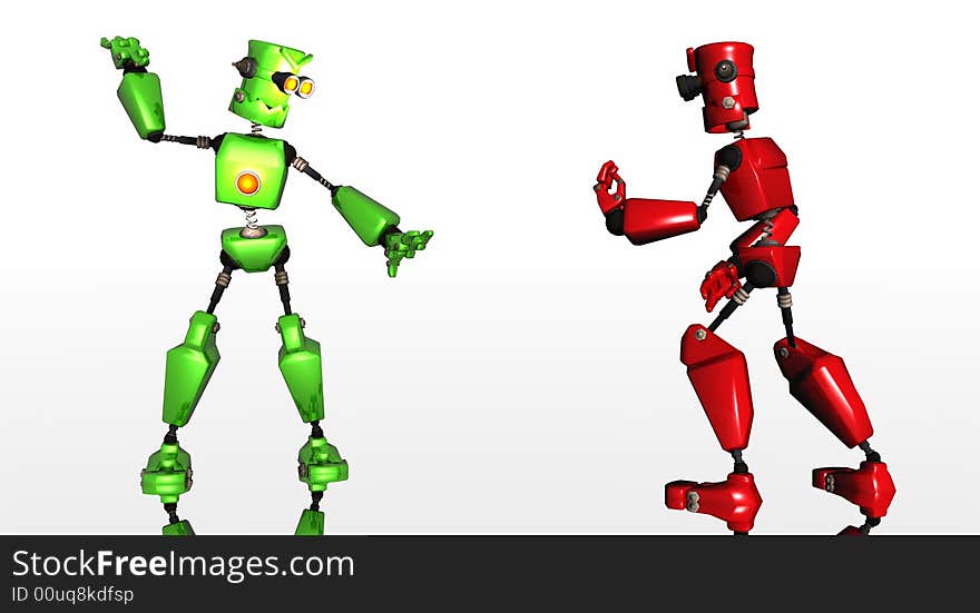 Cgi render of cartoon robots fighting. Cgi render of cartoon robots fighting