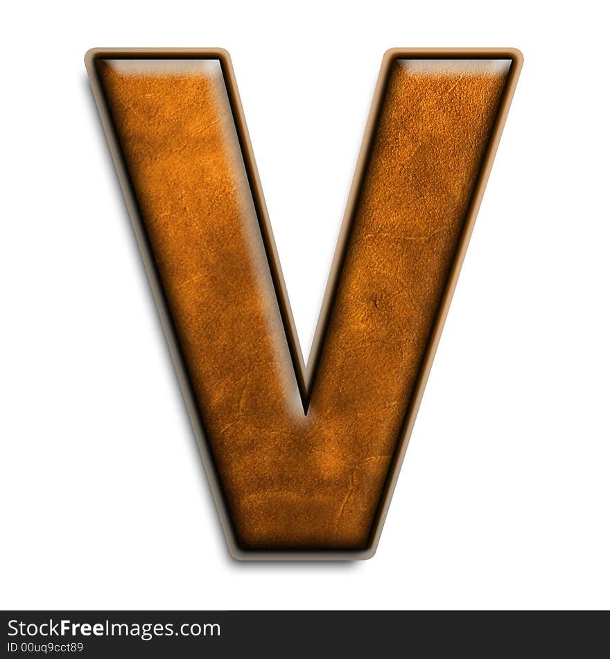 Individual isolated letter V in brown leather series. Individual isolated letter V in brown leather series