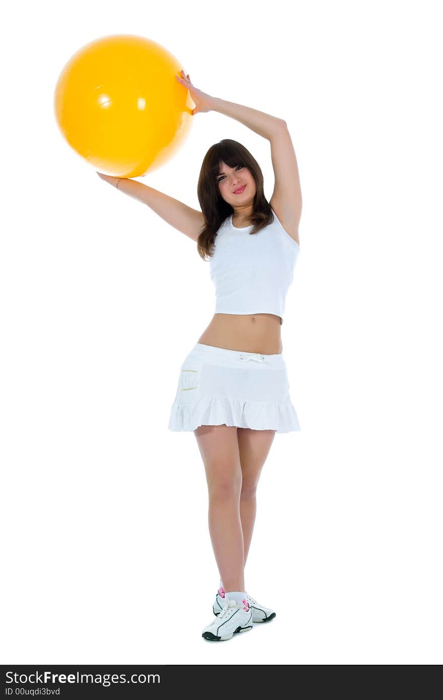 Girl practicing fitness  on  white  background