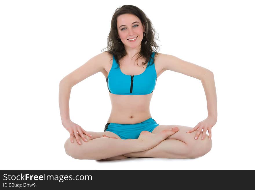 Girl practicing fitness  on  white  background