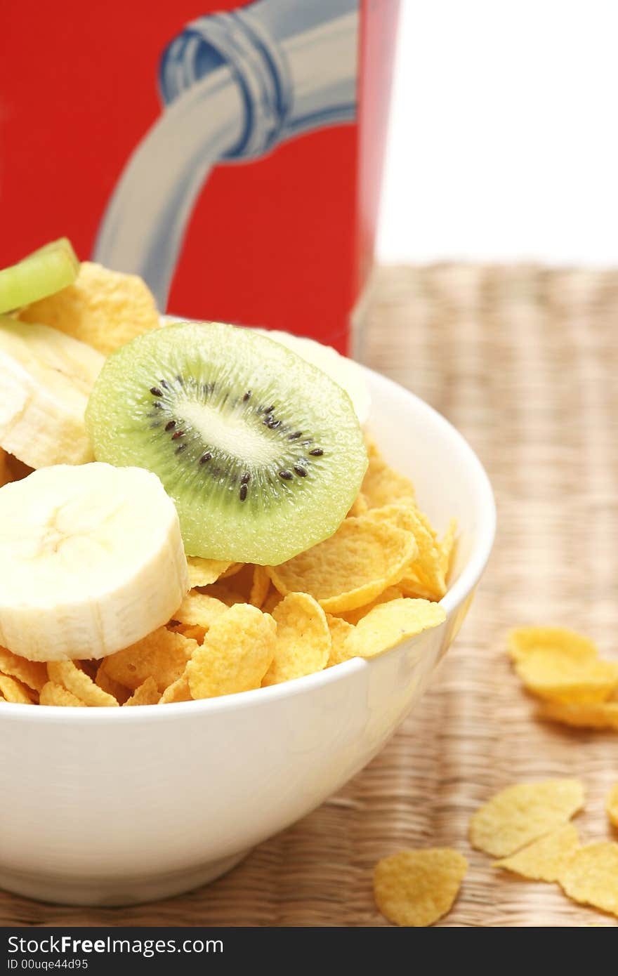 Healthy breakfast.Cornflakes and fruits.