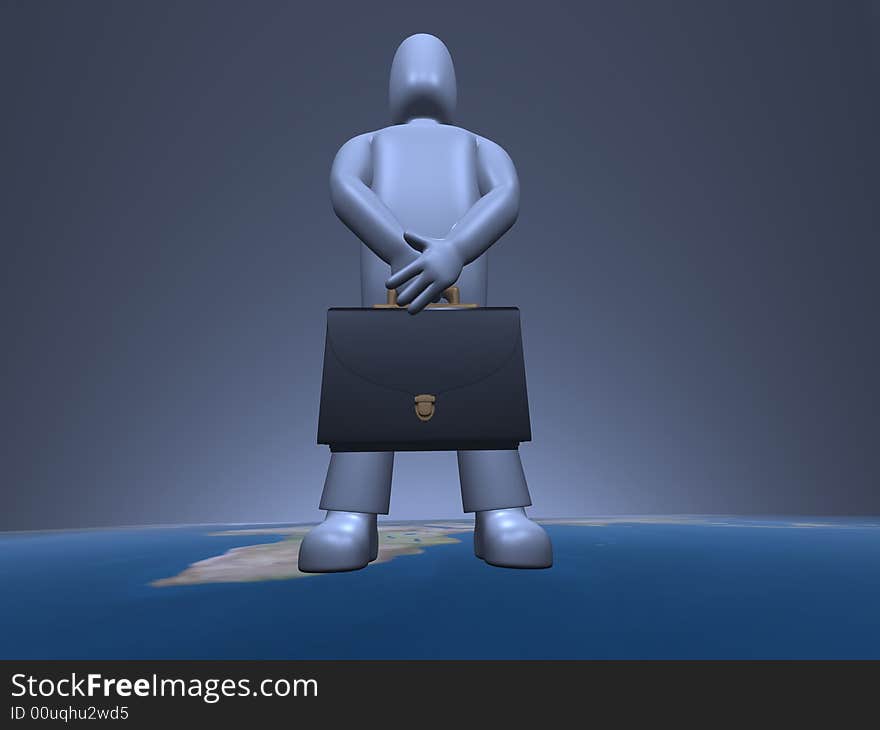 The businessman with a portfolio in a hand, on a dark background, costs on globe. The businessman with a portfolio in a hand, on a dark background, costs on globe