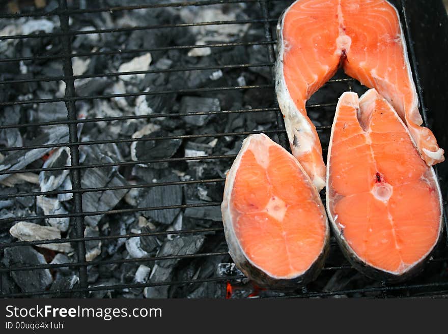 Close-up of grilled salmon pieces (background)