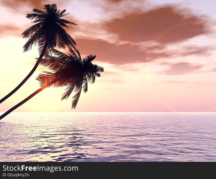 Sunset coconut palm trees on small island - 3d illustration.