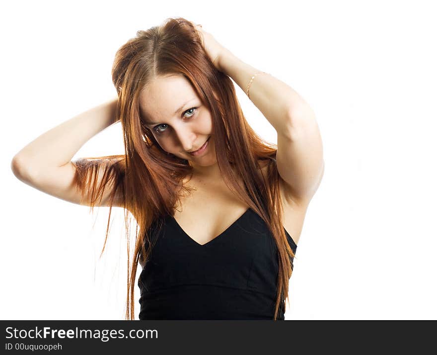 Young girl with long red hairs. Isolated.