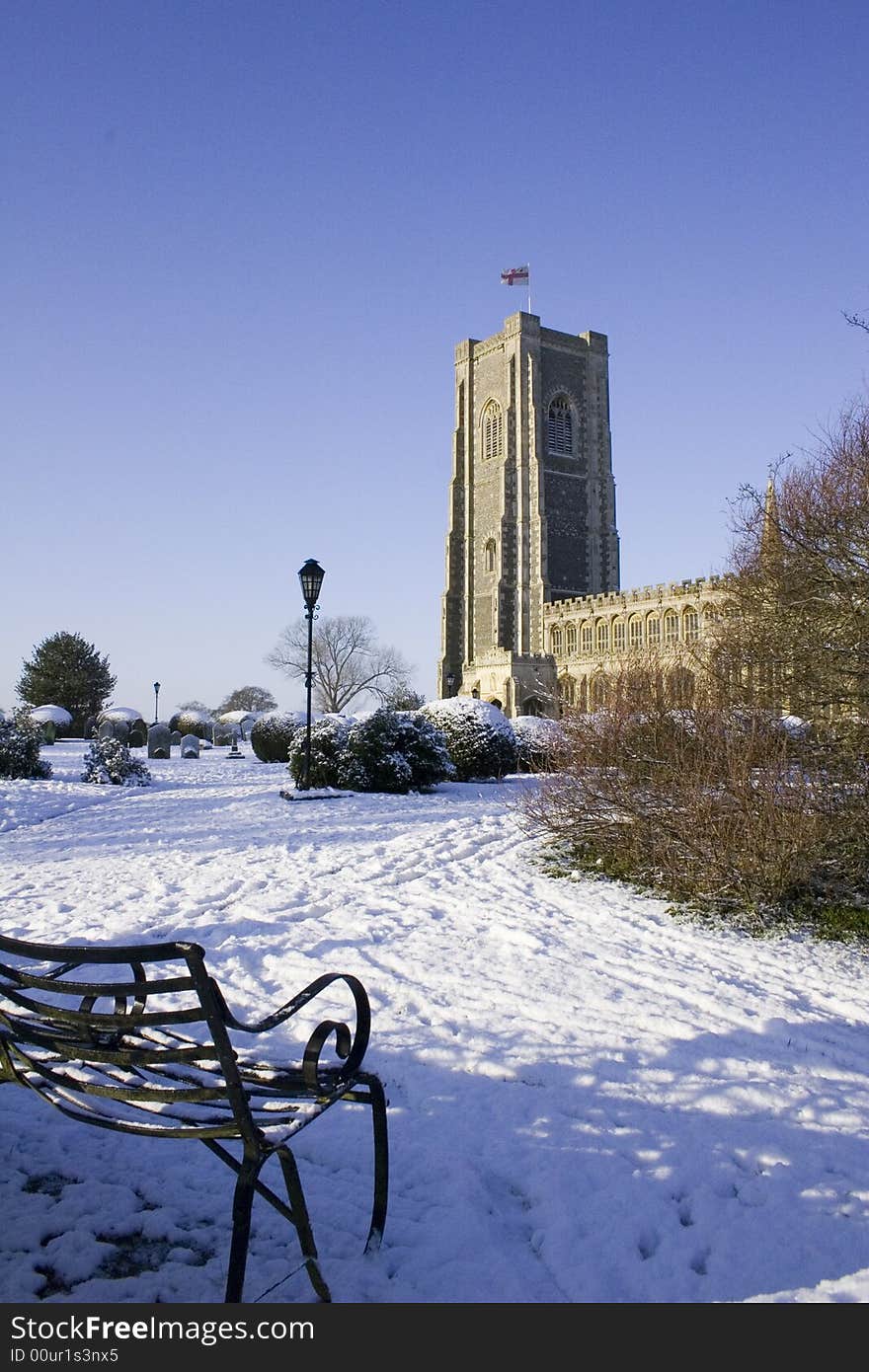 View of a church in the snow. View of a church in the snow