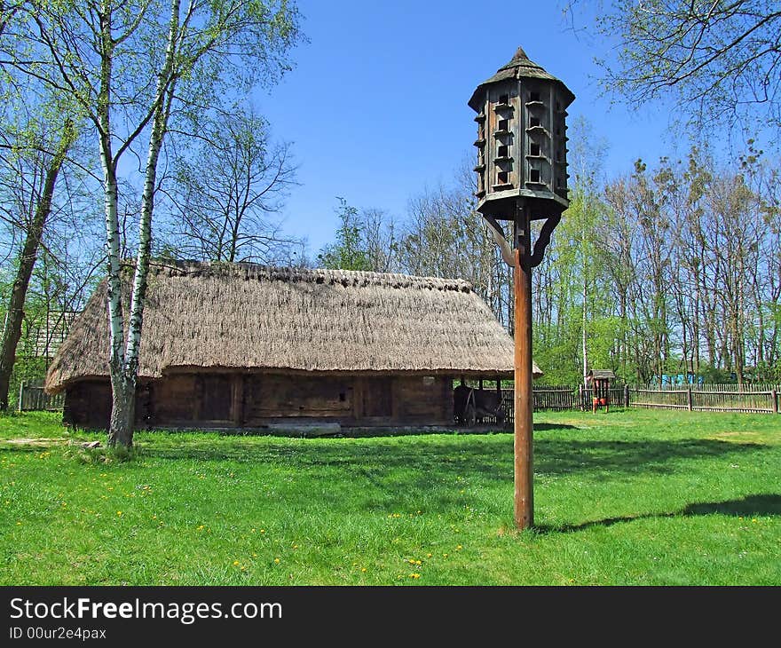 Old wooden hut in village, green grass around