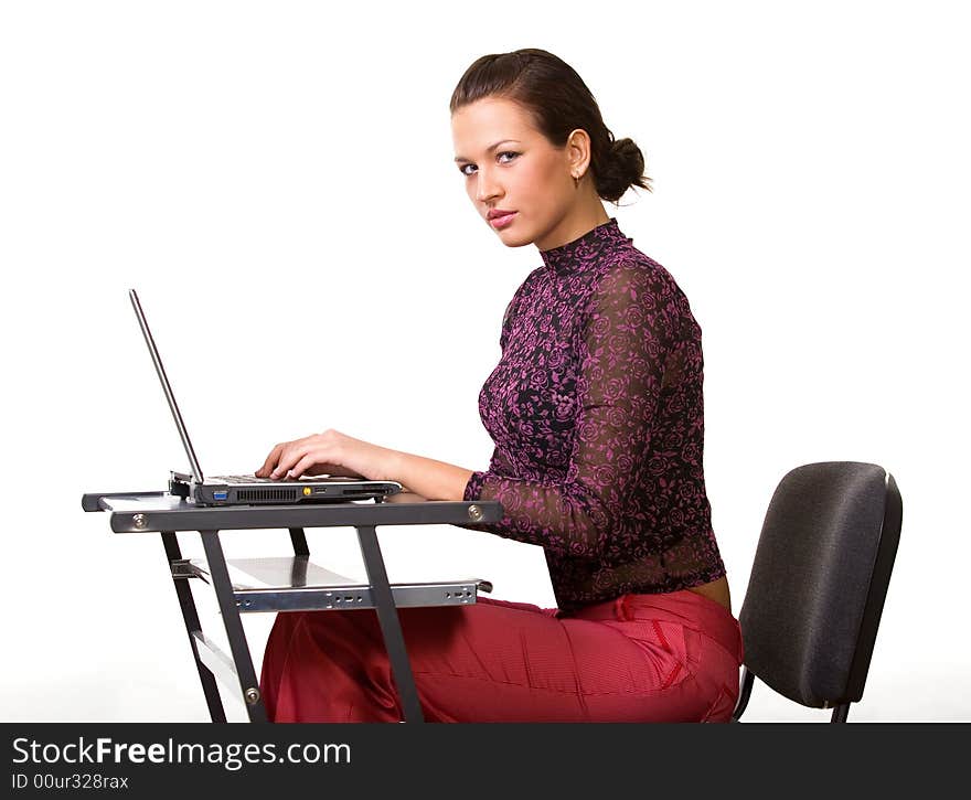 Nice caucasian girl with laptop isolated on white. Nice caucasian girl with laptop isolated on white