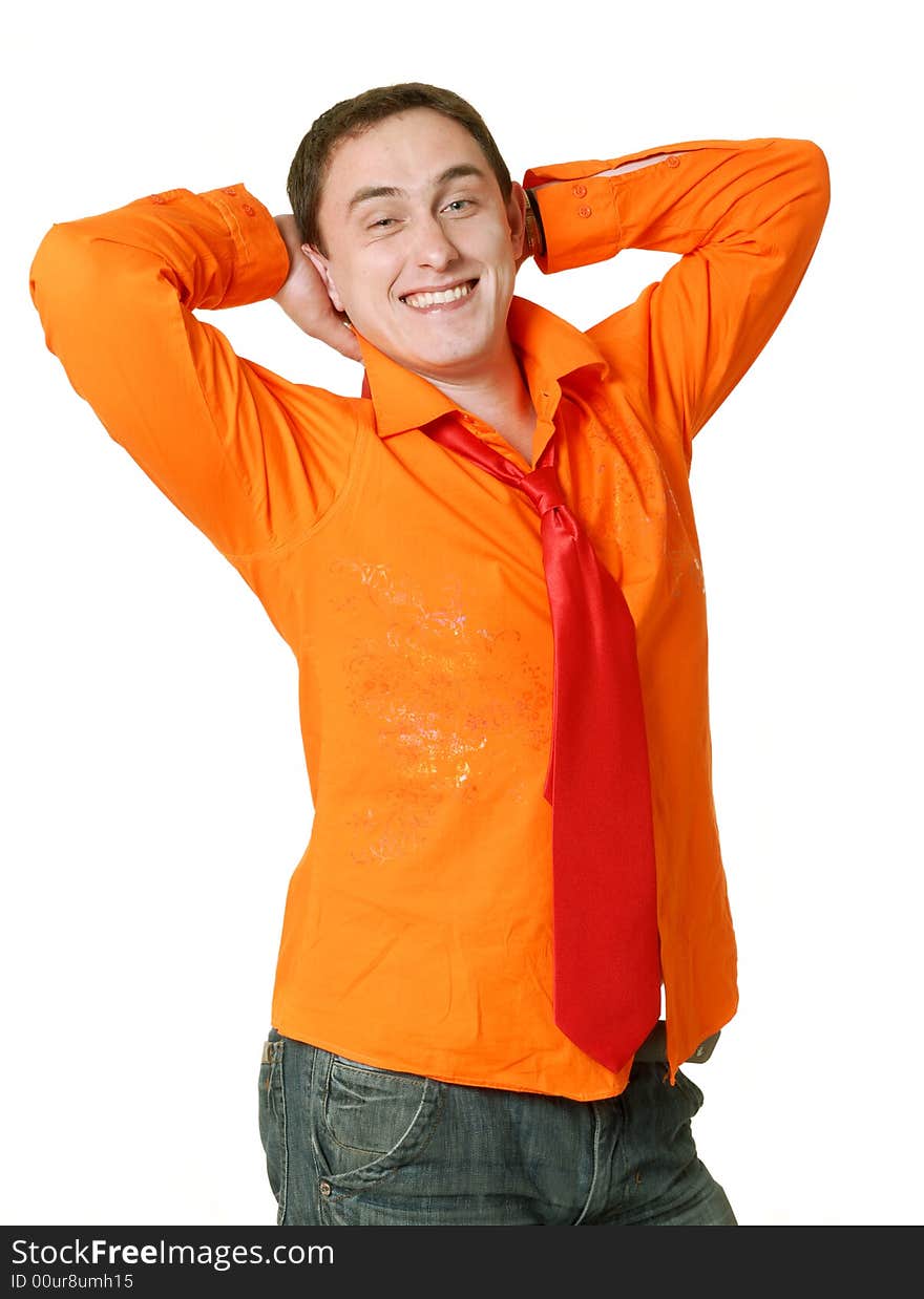 Man smiling in orange shirt with red tie. Man smiling in orange shirt with red tie.