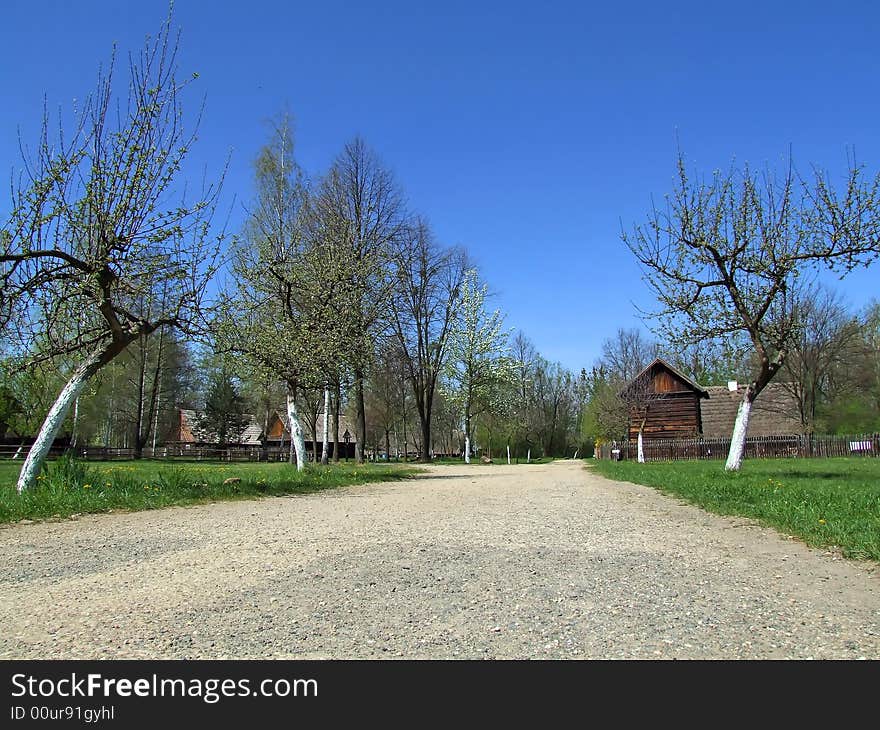 Old wooden hut in village, green grass around