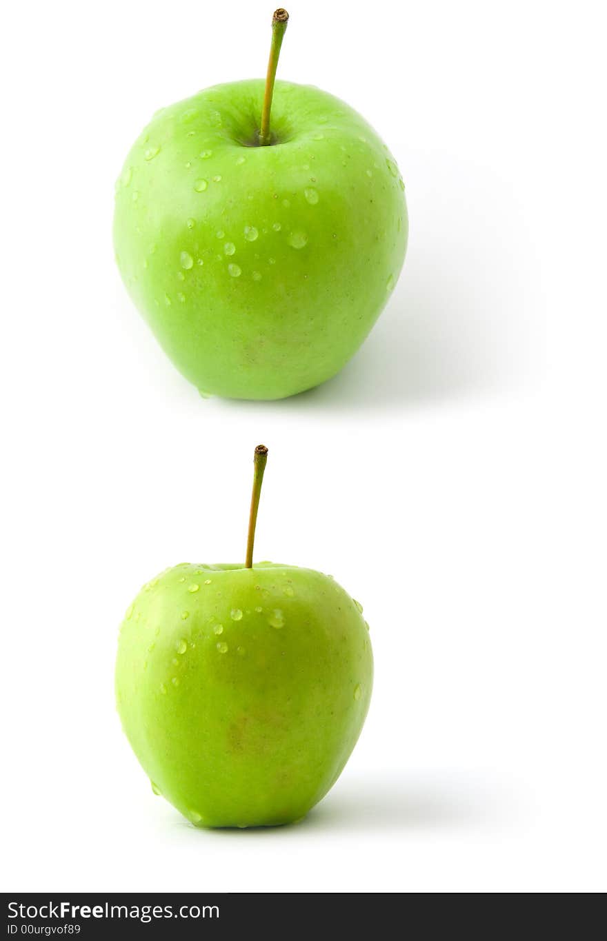 Isolated wet green apple in different views