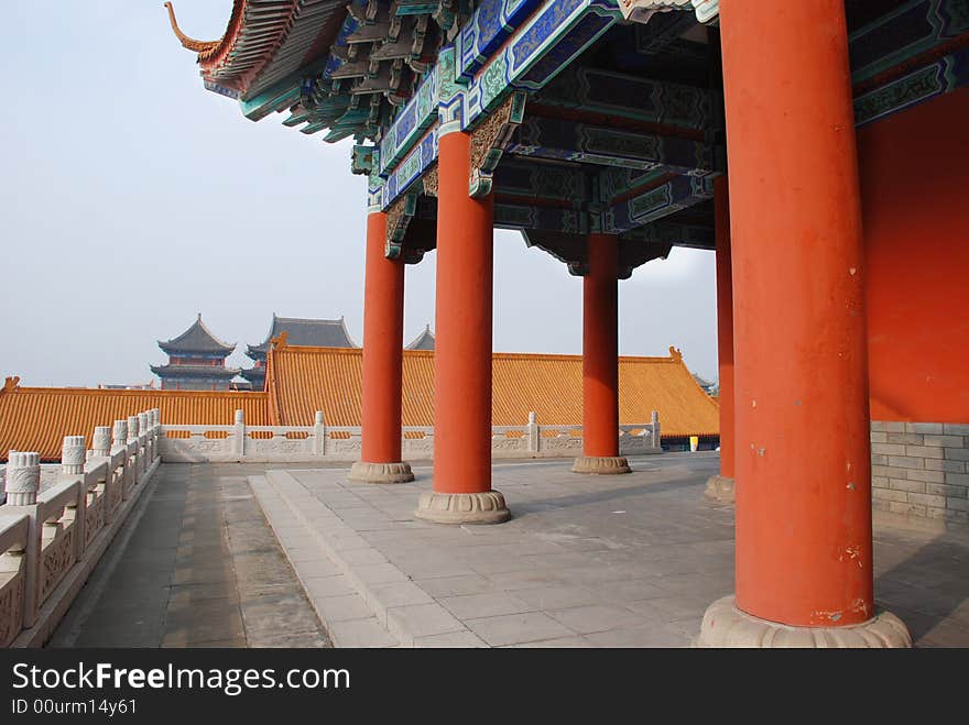 The files of great red stone columns of a Chinese imperial palace in the replica forbidden city. The files of great red stone columns of a Chinese imperial palace in the replica forbidden city.