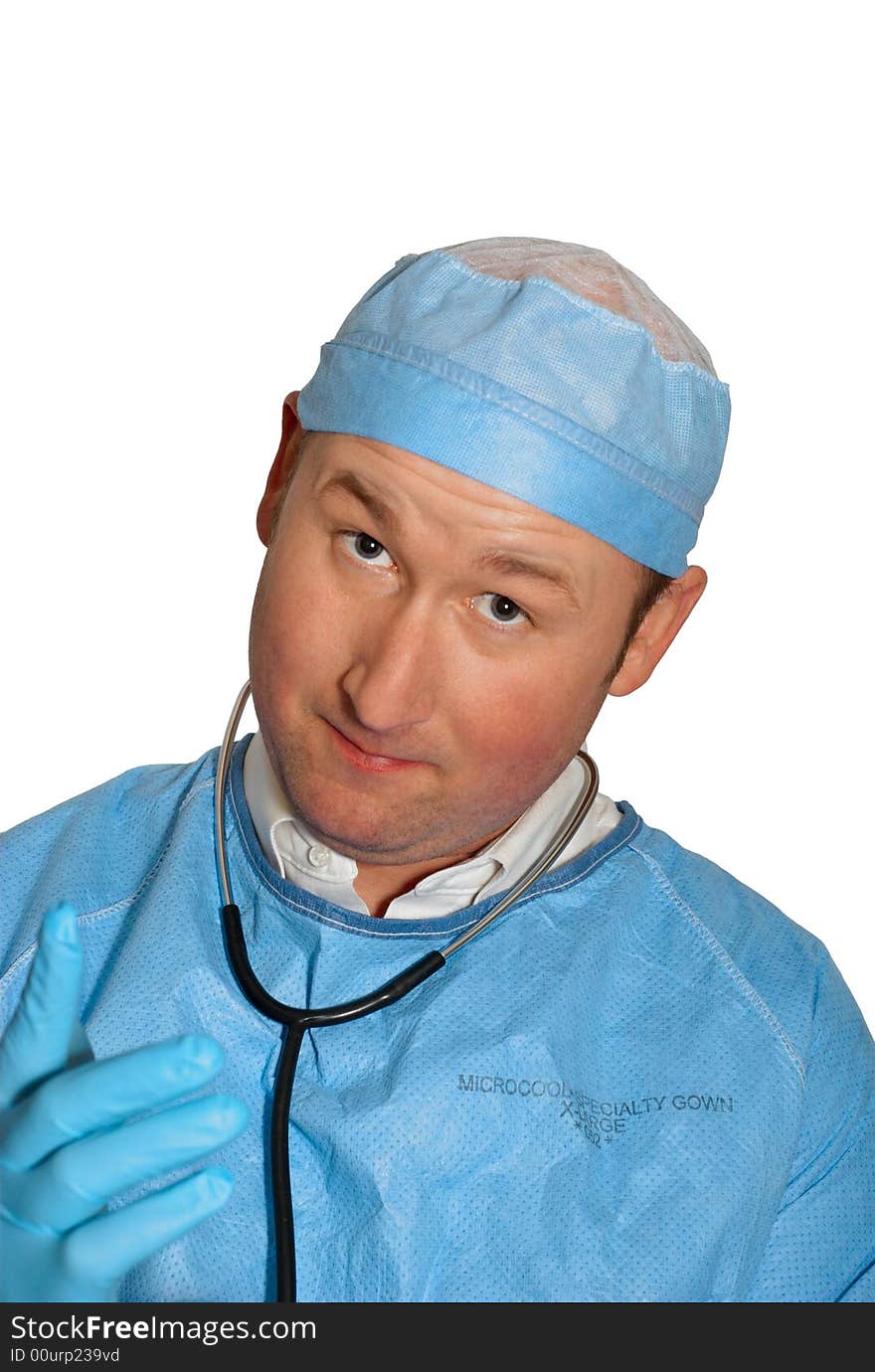 Kind doctor, pinting, wearing a scrubs