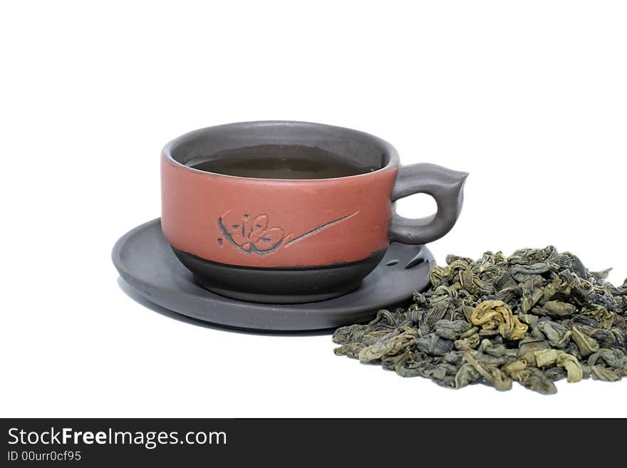 Green tea in a ceramic cup on a white background