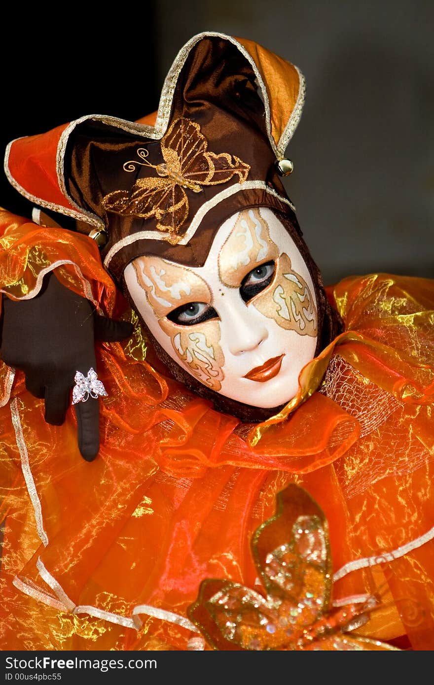 Orange butterfly costume at the Venice Carnival. Orange butterfly costume at the Venice Carnival