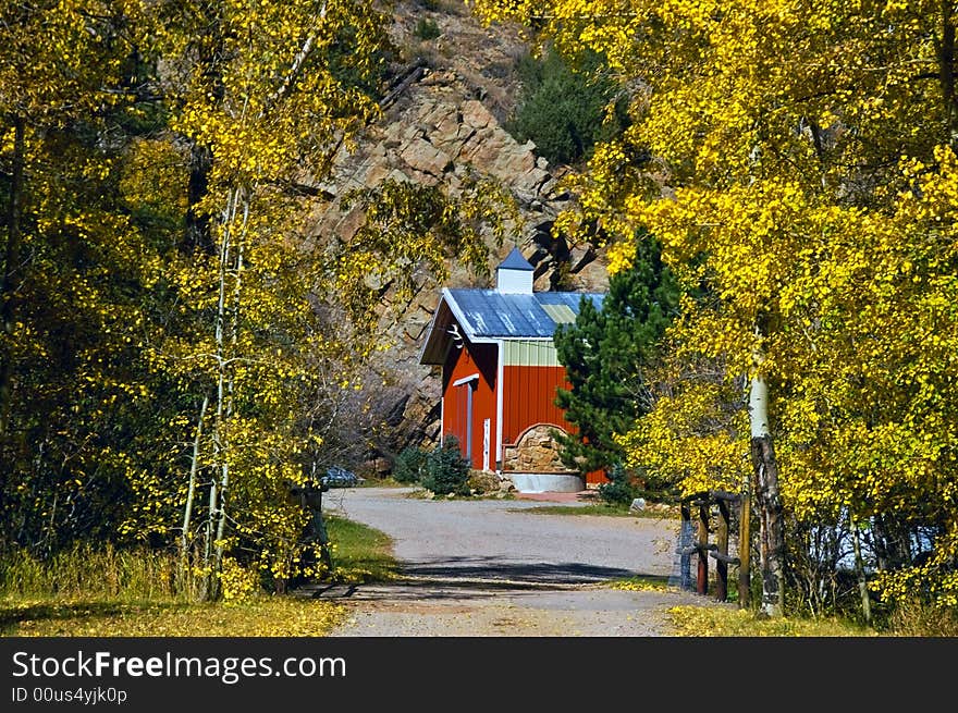 A red country barn in Colorado amongst Golden Autumn trees. A red country barn in Colorado amongst Golden Autumn trees