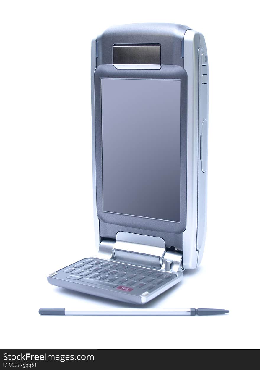 PDA with stylus and flip keyboard on white background, with clipping path for device, stylus and device screen