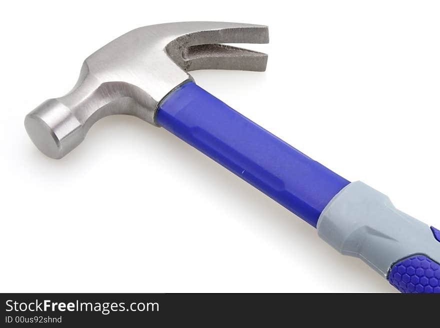 Blue handle hammer and gray construction tool