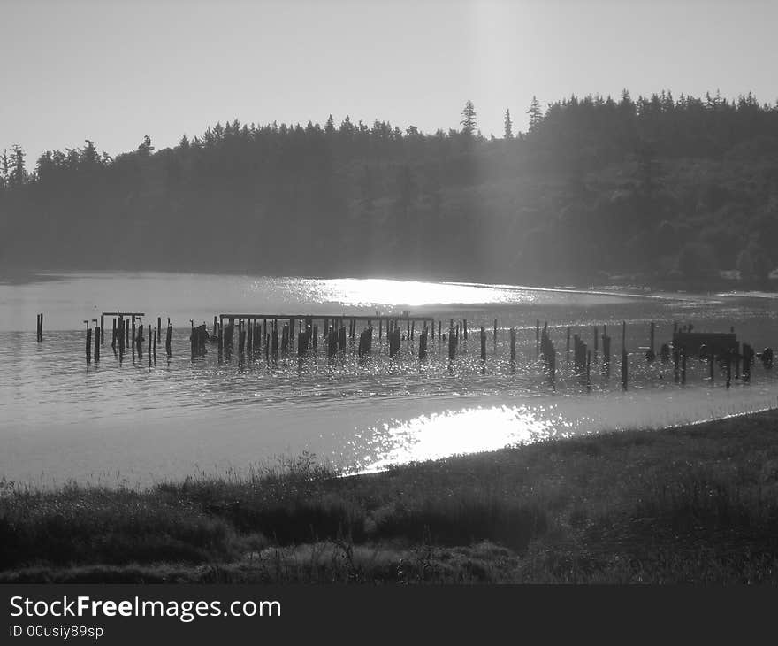 Debris of a pier after sunrise