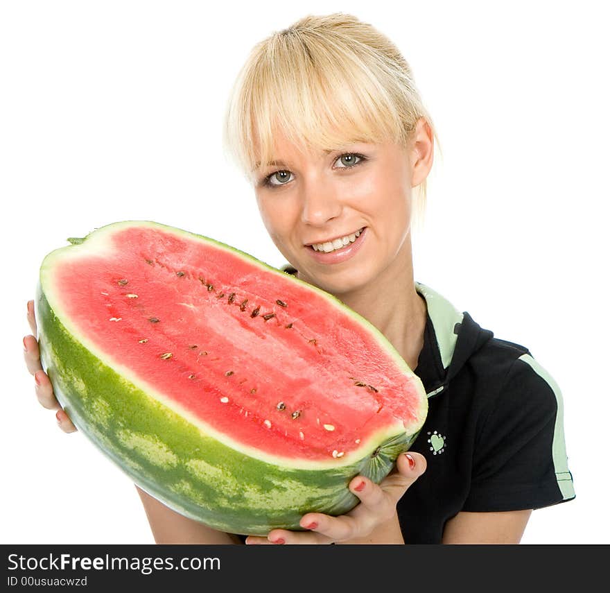 Beautiful young fruit-grower hold on a water-melon