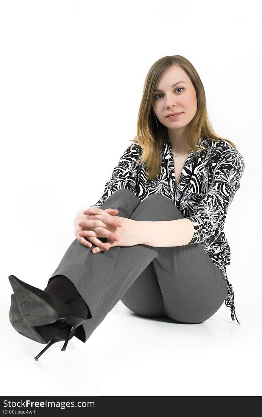 Woman sit , white background