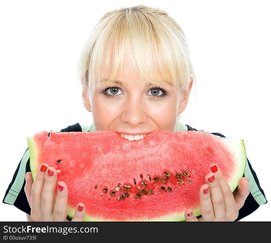 Beautiful young fruit-grower hold on a slice of water-melon