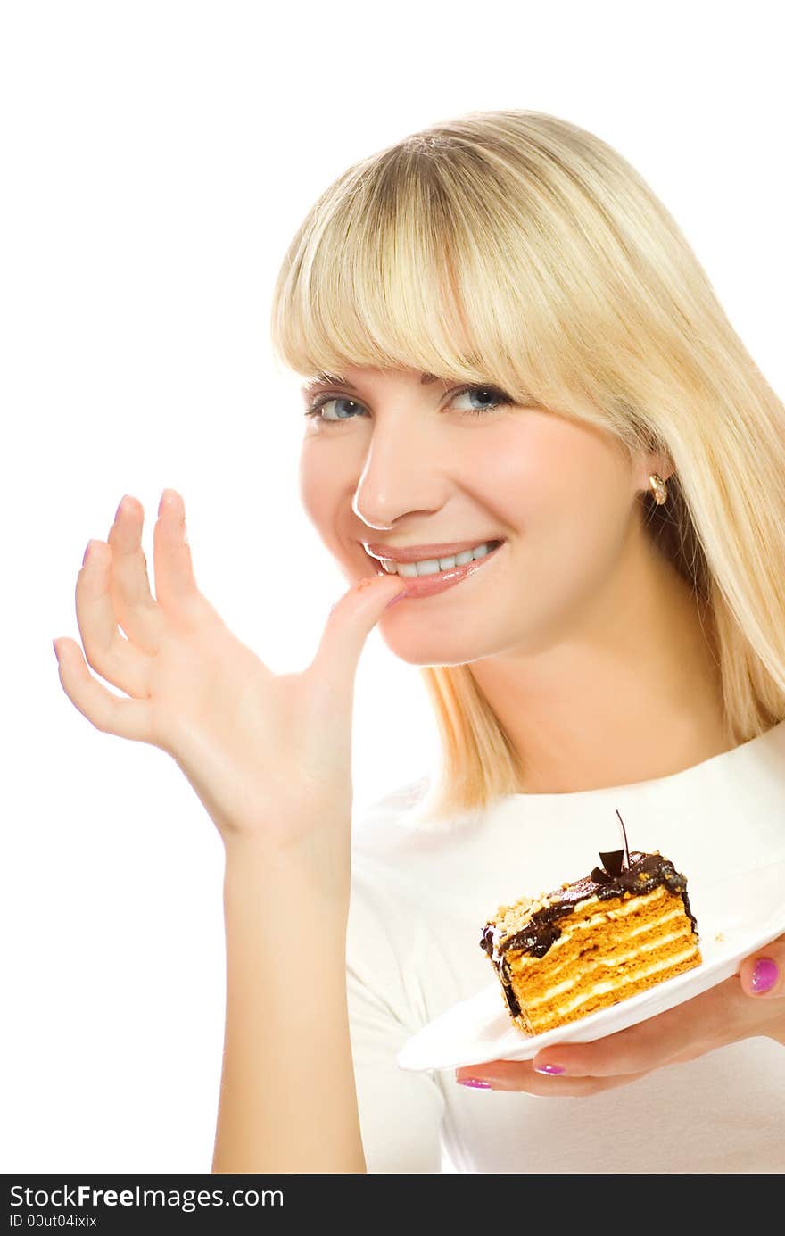 Beautiful young woman with chocolate cake isolated on white background