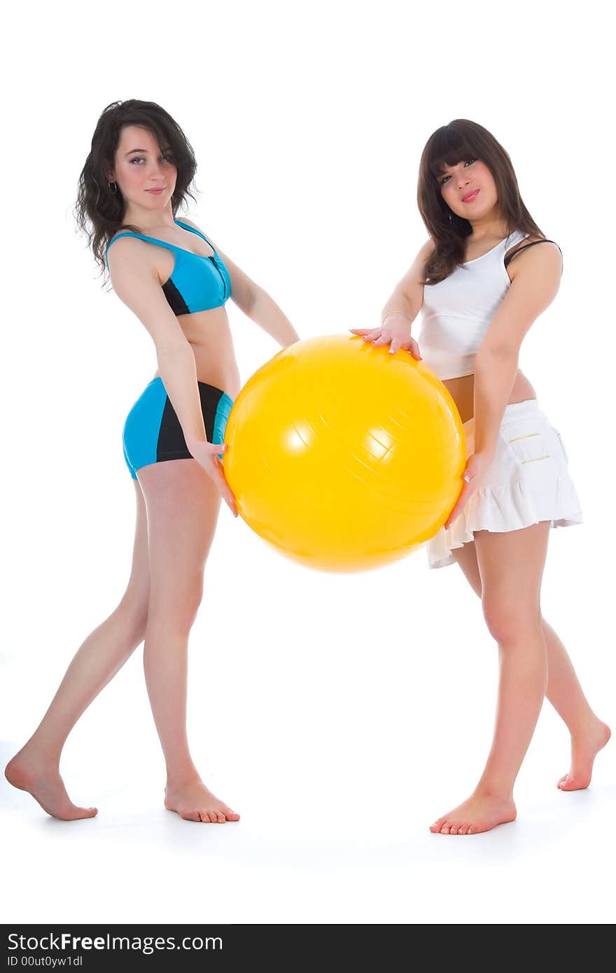 Girls practicing fitness on white background