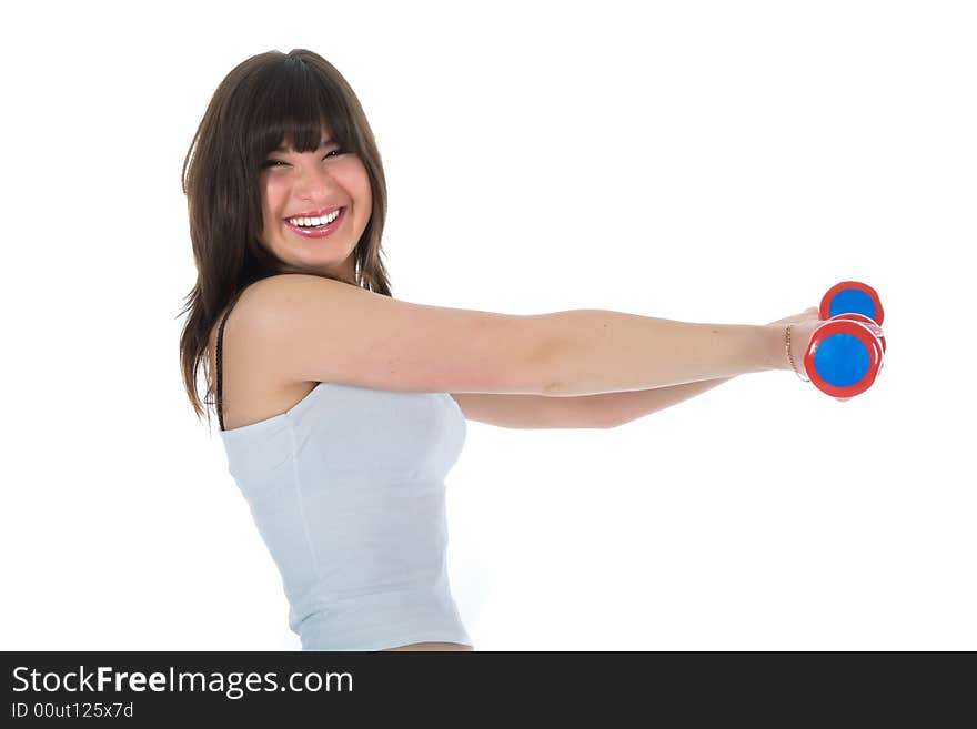 Girl practicing fitness  on  white  background