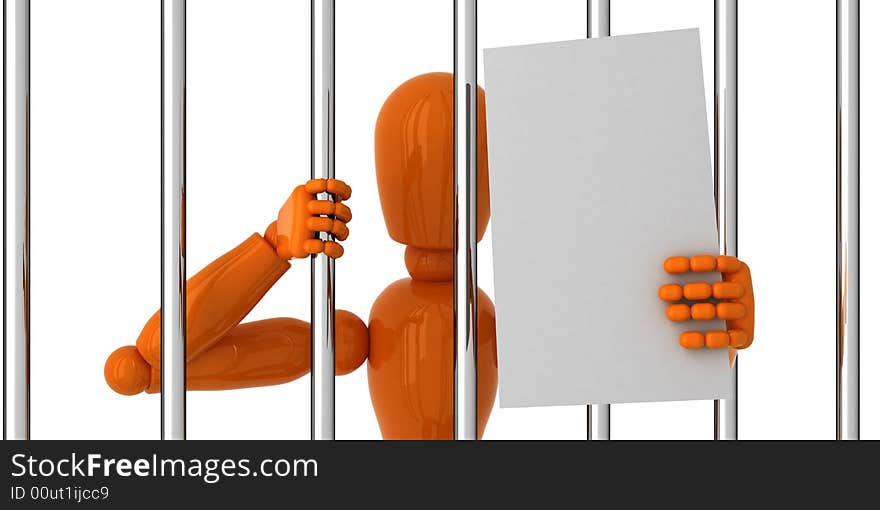 Orange mannequin to be behind bars with blank papper. Orange mannequin to be behind bars with blank papper.