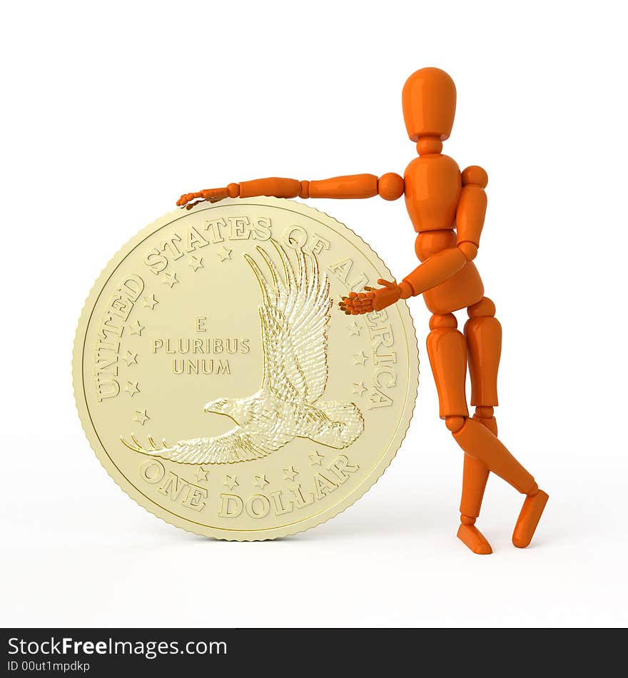 Orange mannequin with dollar coin. Orange mannequin with dollar coin.