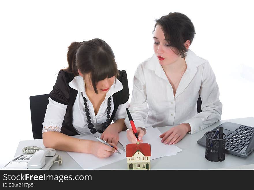 Business woman advertises real estate on white background