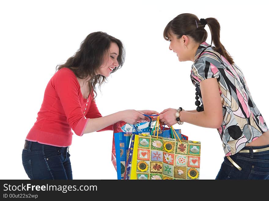 Expressive girls  on white background  shopping. Expressive girls  on white background  shopping