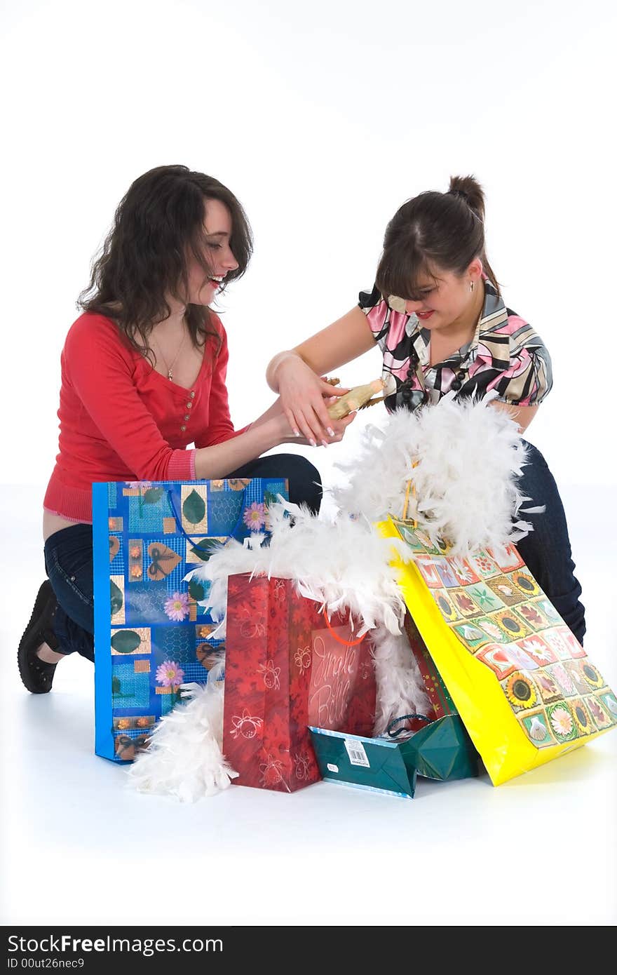 Expressive girls  on white background  shopping. Expressive girls  on white background  shopping