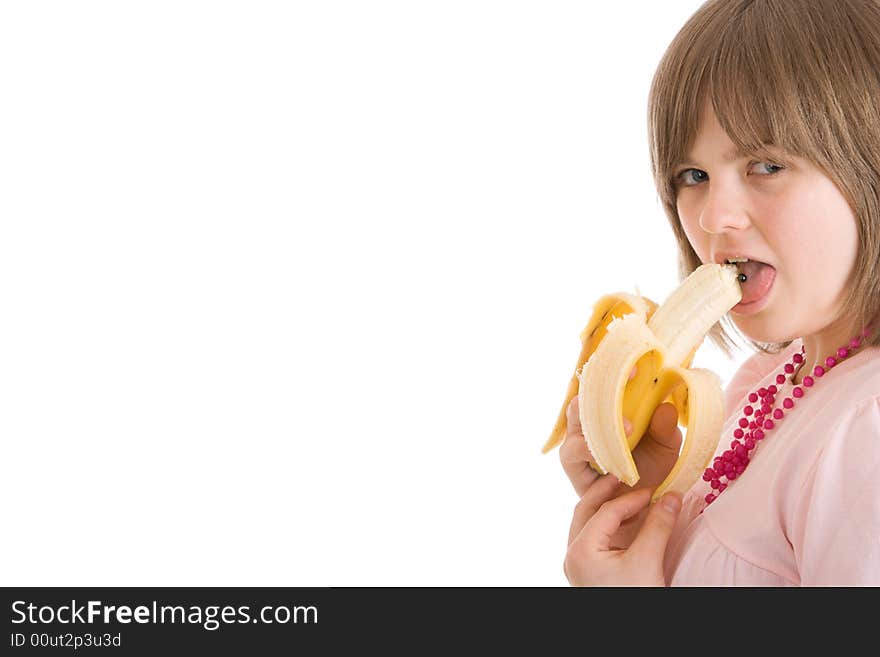 The young attractive girl with a banana isolated on a white background