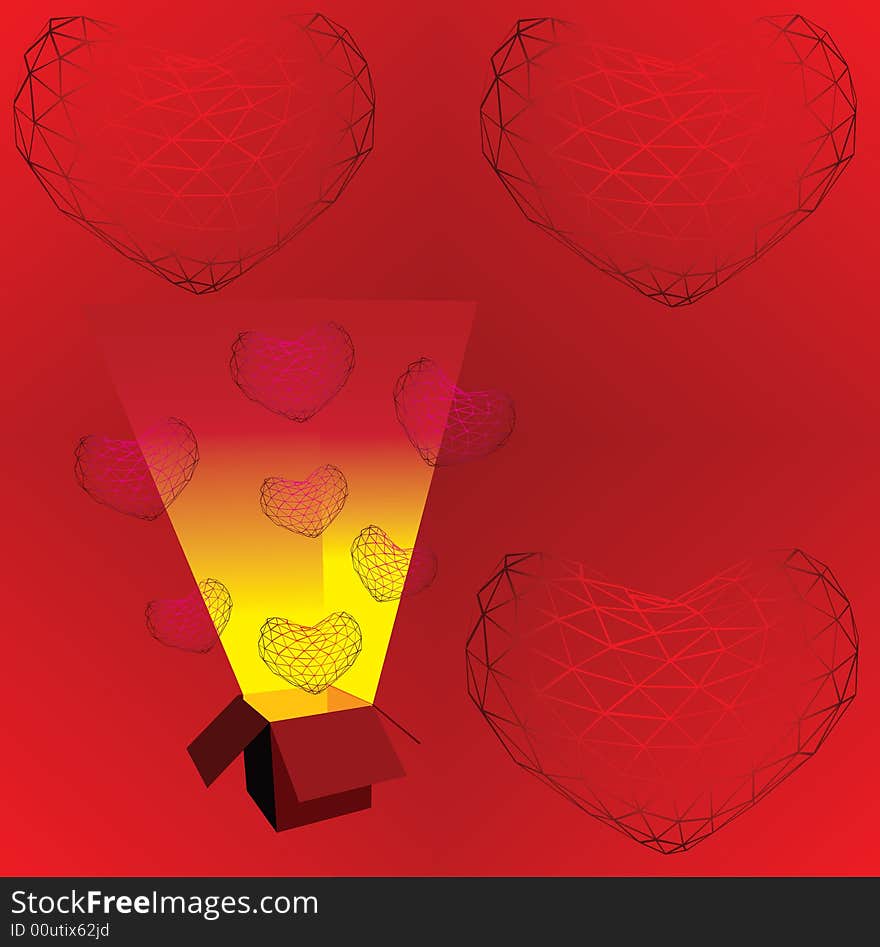 Red illustration with present and hearts