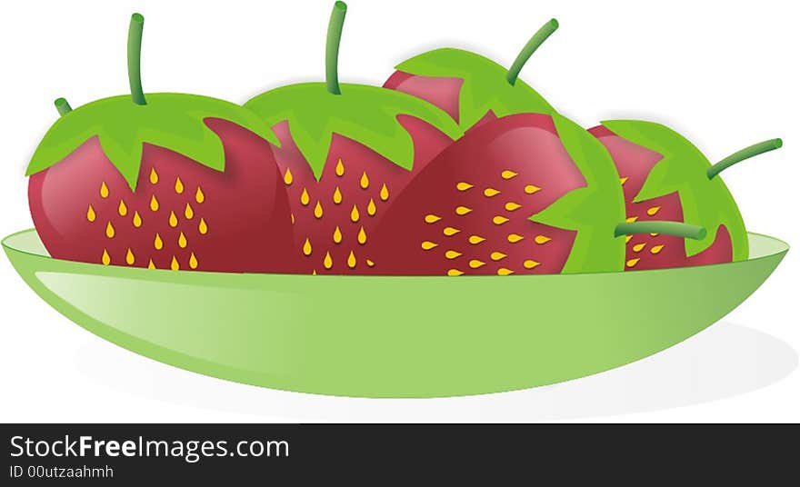 This drawn ripe strawberries on green saucer on white background. This drawn ripe strawberries on green saucer on white background.