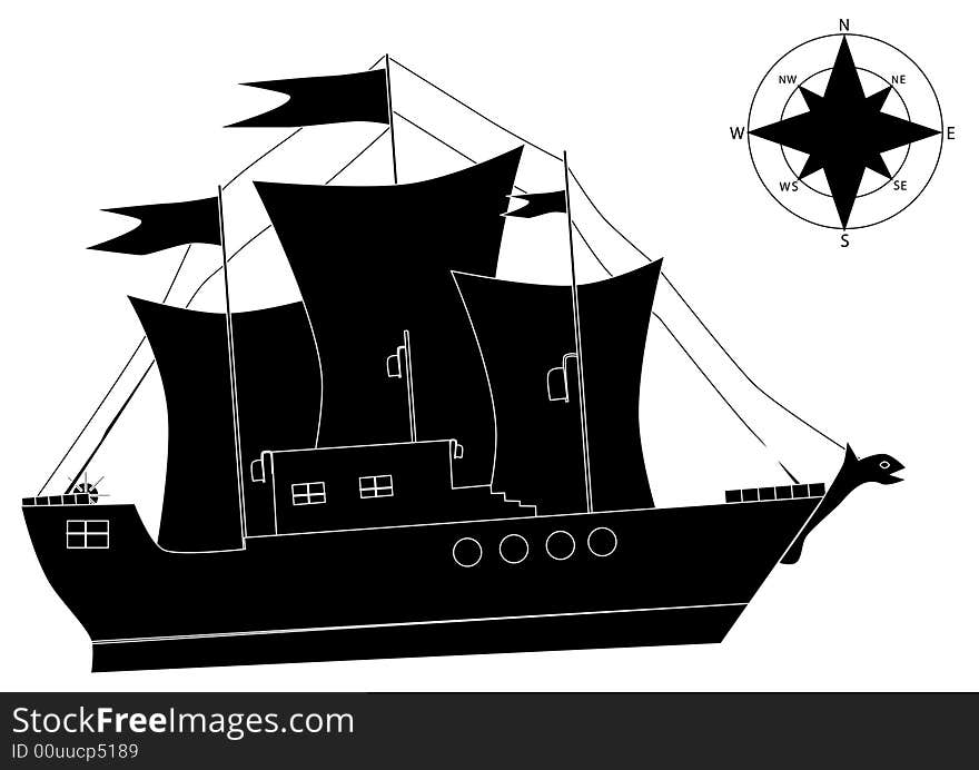 A white and black ship and a compass. A white and black ship and a compass