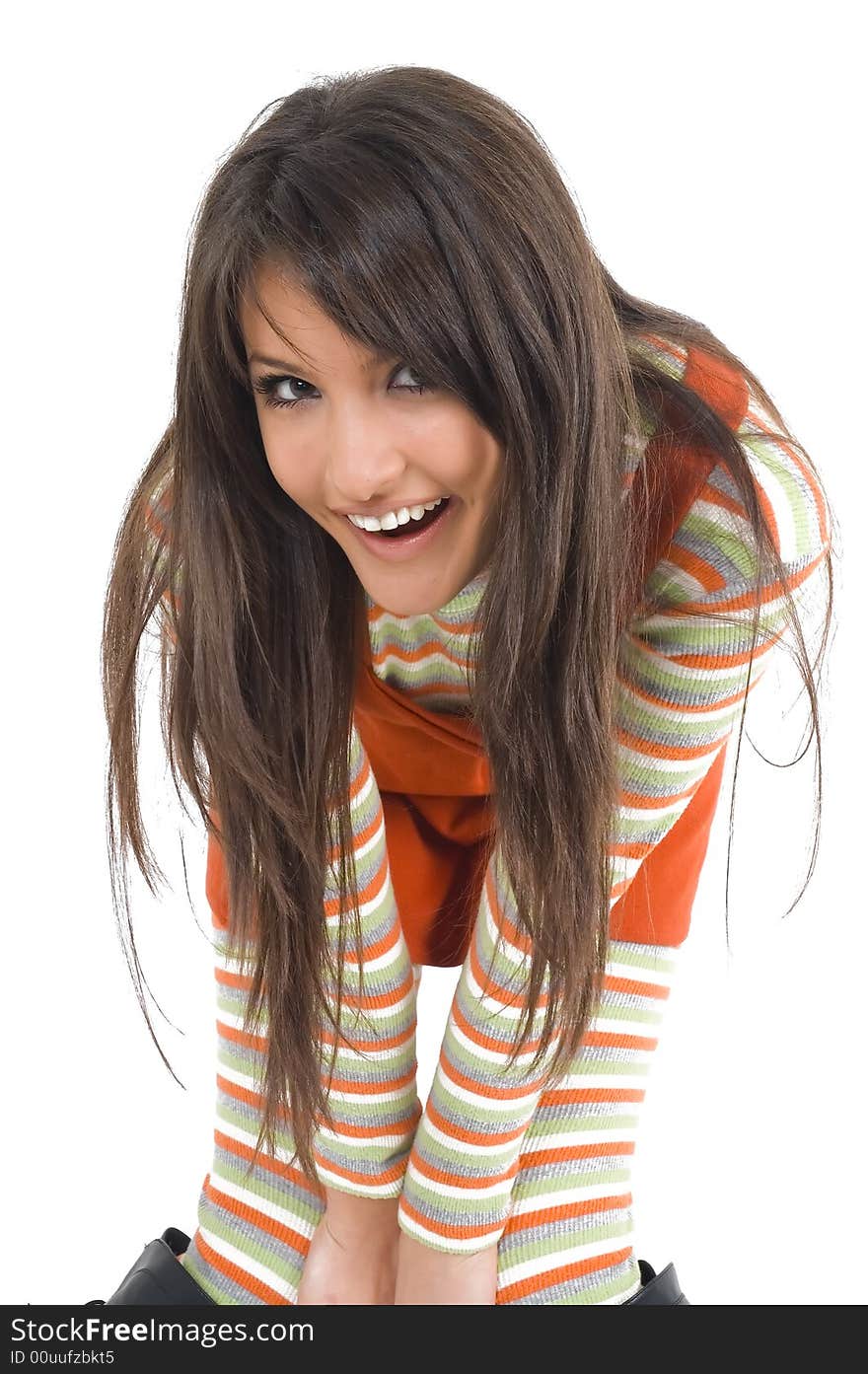 Young brunette girl in orange dress.